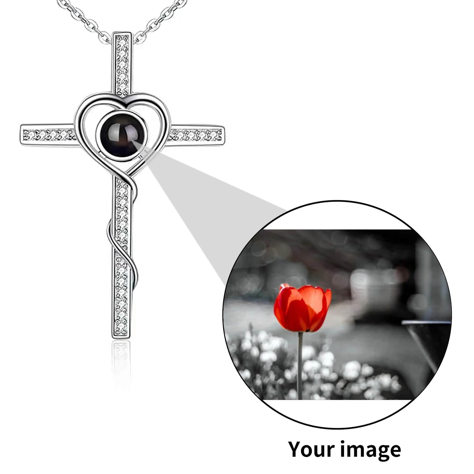 Custom Photo Projection Cross Pendant Necklace  Pioneer Kitty Market Silver  