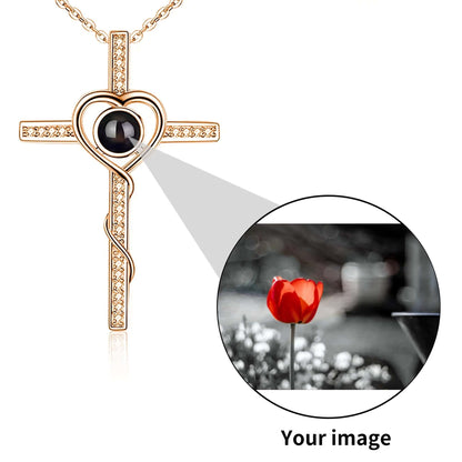Custom Photo Projection Cross Pendant Necklace  Pioneer Kitty Market Rose Gold  