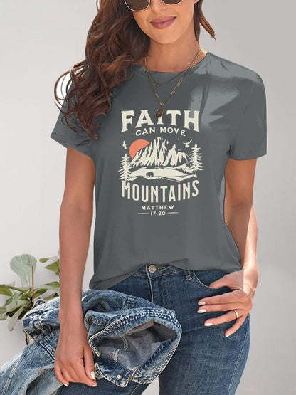 Women's Faith Can Move Mountains Graphic Round Neck Short Sleeve T-Shirt Shirts & Tops Pioneer Kitty Market Dark Gray S 
