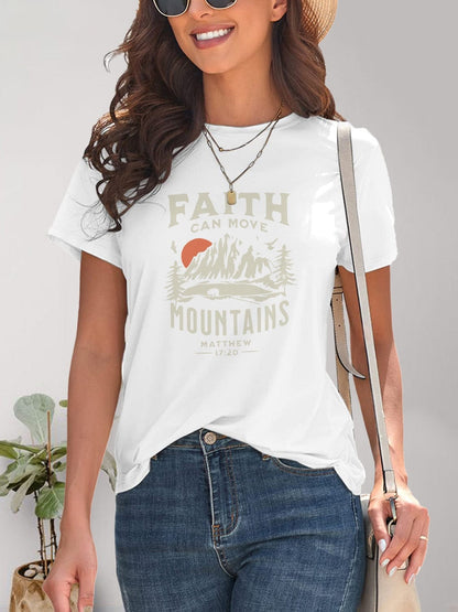 Women's Faith Can Move Mountains Graphic Round Neck Short Sleeve T-Shirt Shirts & Tops Pioneer Kitty Market White S 