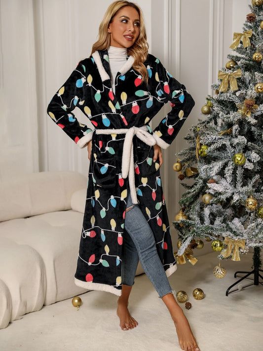 Women's Christmas Lights Tie Waist Hooded Robe Robe Pioneer Kitty Market S  