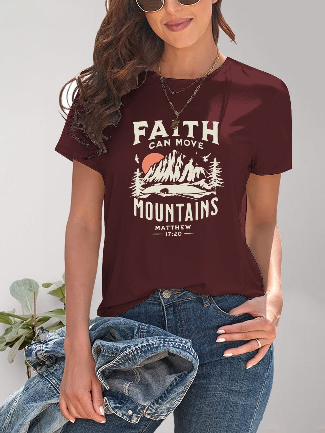 Women's Faith Can Move Mountains Graphic Round Neck Short Sleeve T-Shirt Shirts & Tops Pioneer Kitty Market Burgundy S 