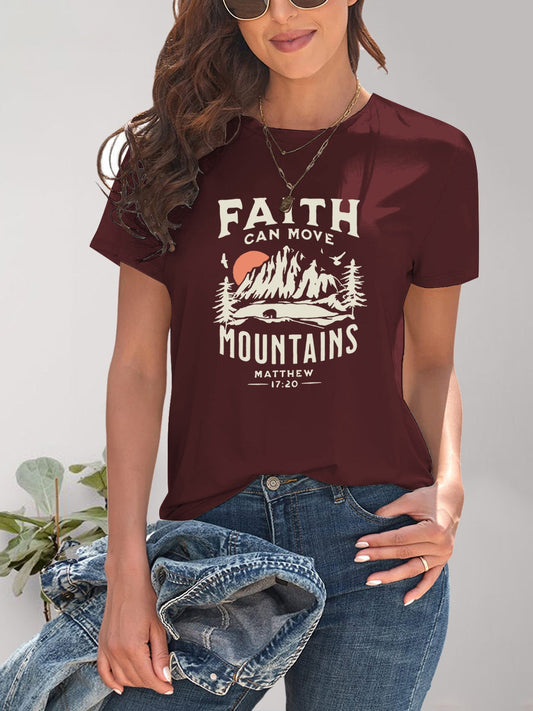 Women's Faith Can Move Mountains Graphic Round Neck Short Sleeve T-Shirt Shirts & Tops Pioneer Kitty Market Burgundy S 