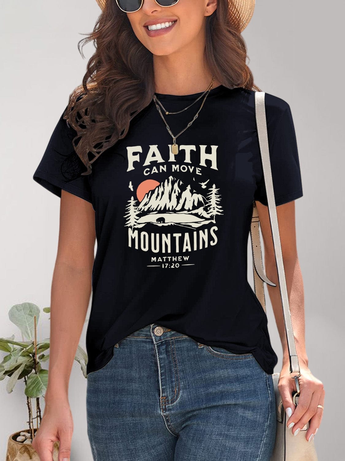 Women's Faith Can Move Mountains Graphic Round Neck Short Sleeve T-Shirt Shirts & Tops Pioneer Kitty Market Dark Blue S 