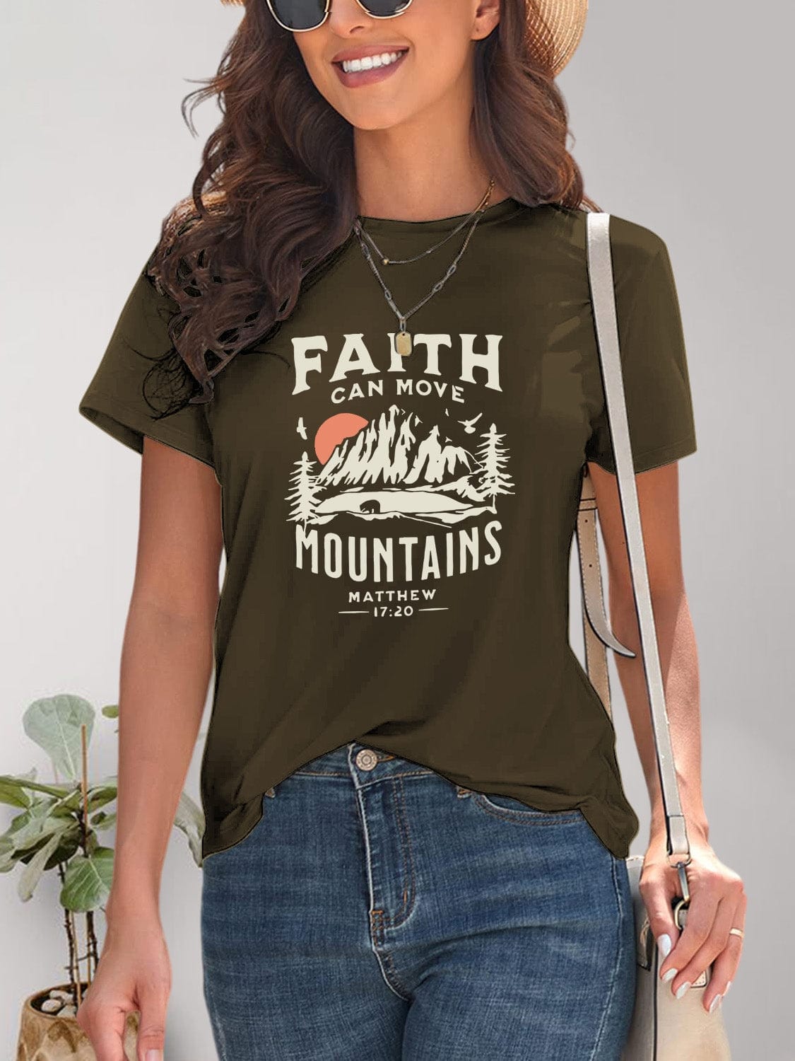 Women's Faith Can Move Mountains Graphic Round Neck Short Sleeve T-Shirt Shirts & Tops Pioneer Kitty Market Army Green S 