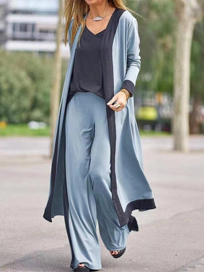 Women's Casual Contrasting Color Camisole with Long Sleeve Cardigan Jacket and Trousers Set  Pioneer Kitty Market Blue S 