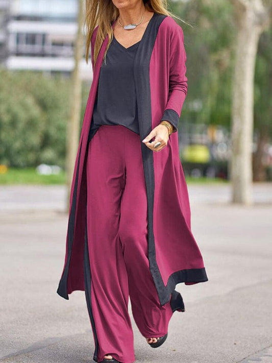 Women's Casual Contrasting Color Camisole with Long Sleeve Cardigan Jacket and Trousers Set