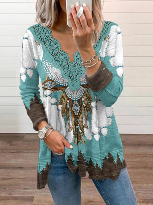 Women's Knitted Casual Ethnic Aztec Print Lace Top  Pioneer Kitty Market Green S 