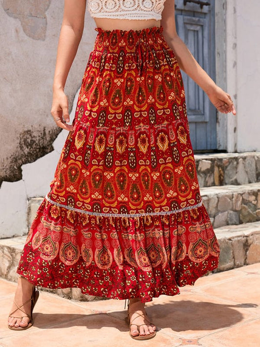 Women's Bohemian Hollow Printed Patchwork Skirt  Pioneer Kitty Market Red S 