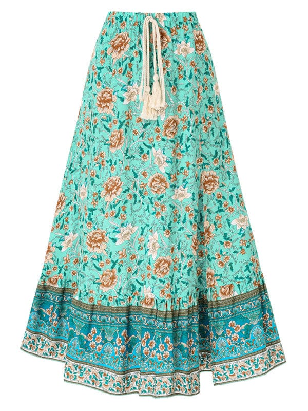 Women's Bohemian Style Printed Waist Drawstring Casual Skirt  Pioneer Kitty Market   