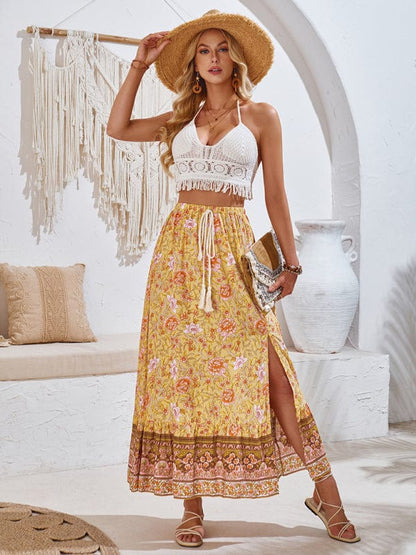Women's Bohemian Style Printed Waist Drawstring Casual Skirt  Pioneer Kitty Market Yellow S 