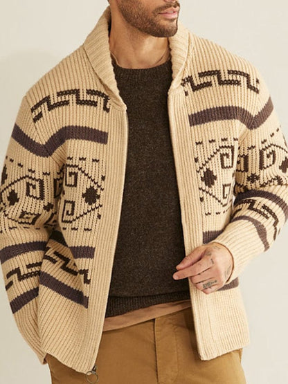 Men's Casual Lapel Jacquard Knitted Jacket  Pioneer Kitty Market Khaki S 