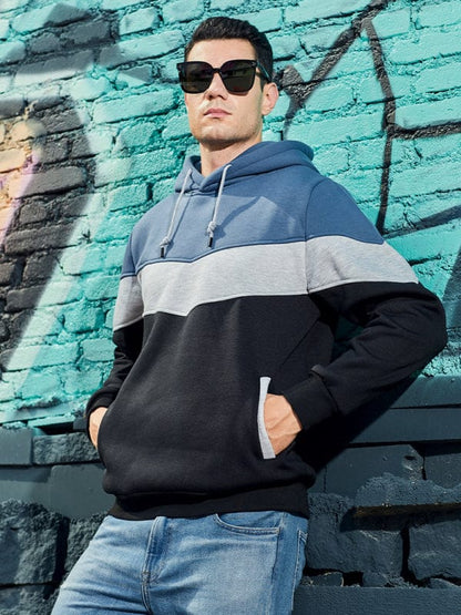 Men's Color Contrast Hoodie Sweatshirt  Pioneer Kitty Market Blue and Black S 