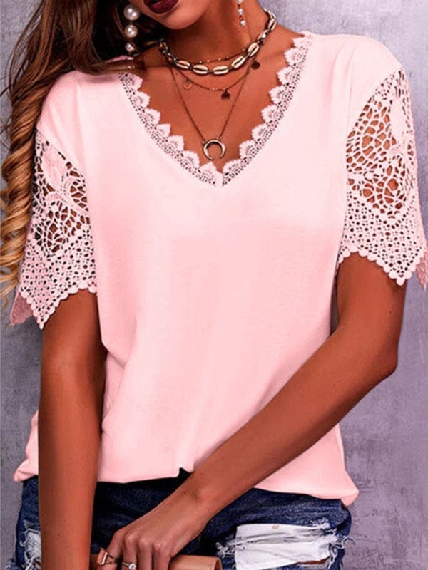 Women's Lace-Trim Short Sleeve Shirt Shirt Pioneer Kitty Market Pink S 