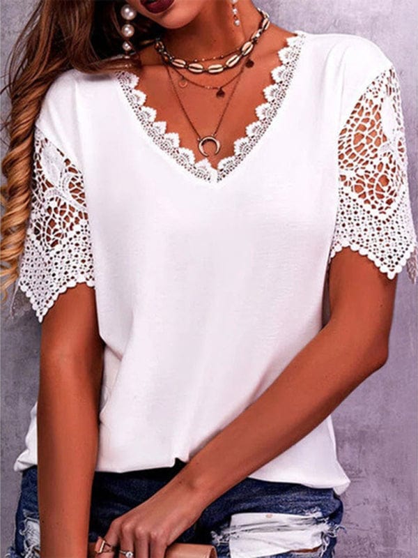 Women's Lace-Trim Short Sleeve Shirt Shirt Pioneer Kitty Market White S 