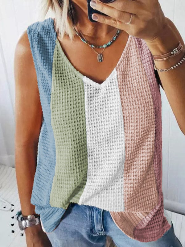 Women's Knit V-Neck Waffle Contrast Tank Top Shirts & Tops Pioneer Kitty Market Pattern1 S 