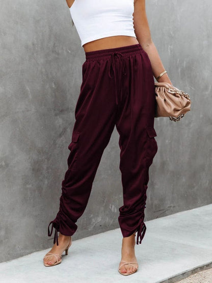 Women's Casual Fashion Bandage Elastic Waist Pocket Trousers Pants Pioneer Kitty Market Wine Red S 