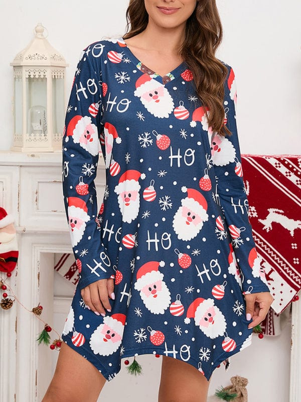 Women's Christmas Theme Print Pajama Mini Dress  Pioneer Kitty Market Dark Blue "Ho Santa" S 