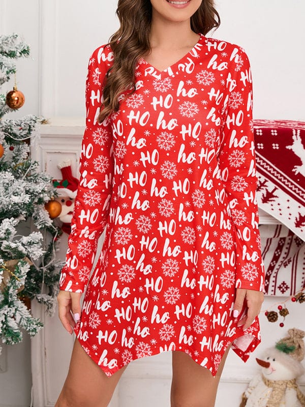 Women's Christmas Theme Print Pajama Mini Dress  Pioneer Kitty Market Red Ho Ho Ho S 