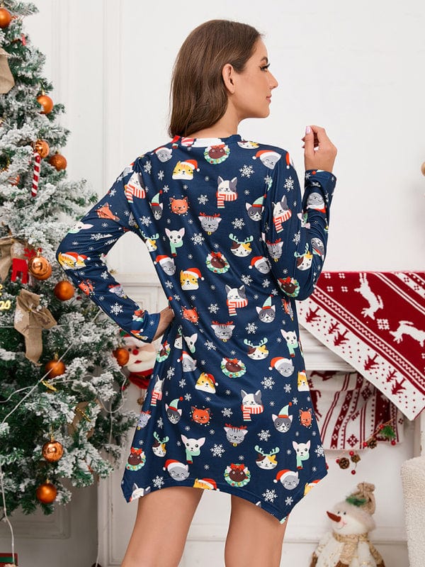 Women's Christmas Theme Print Pajama Mini Dress  Pioneer Kitty Market   