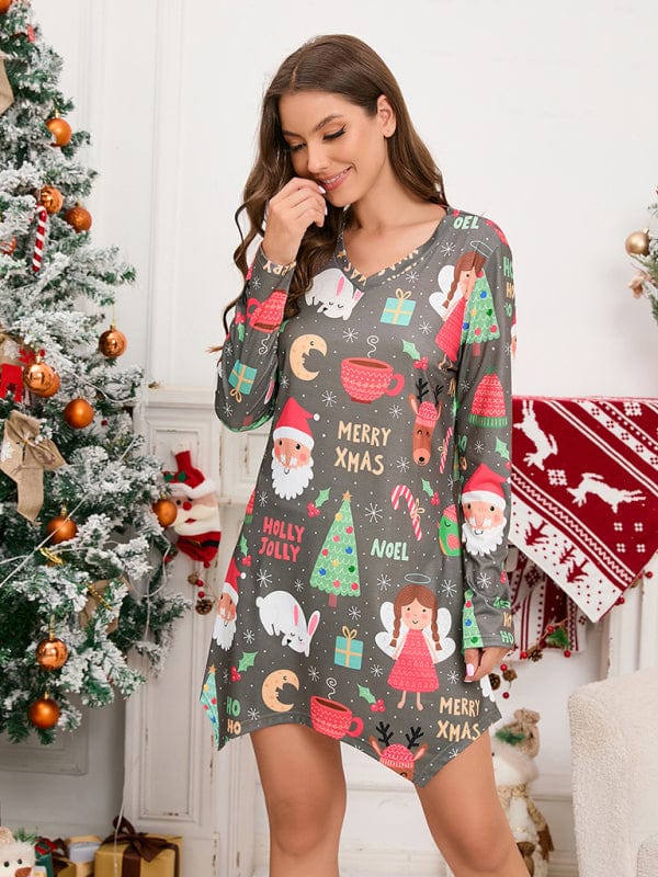 Women's Christmas Theme Print Pajama Mini Dress  Pioneer Kitty Market   
