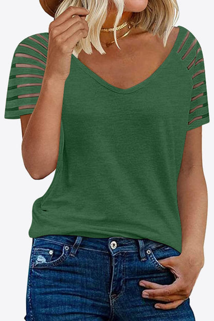 Women's V-Neck Raglan Mesh-Striped Sleeve T-Shirt Shirts & Tops Pioneer Kitty Market Forest S 