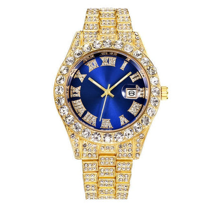 Men's Luxury Diamond Bezel Roman Numeral Wrist Watch  Pioneer Kitty Market Blue Gold  