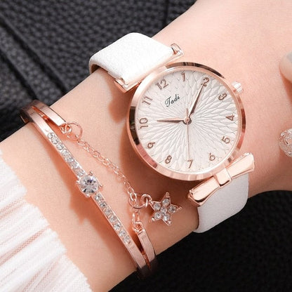 Women's Luxury Magnetic Quartz Bracelet Watch  Pioneer Kitty Market Leather White Set  