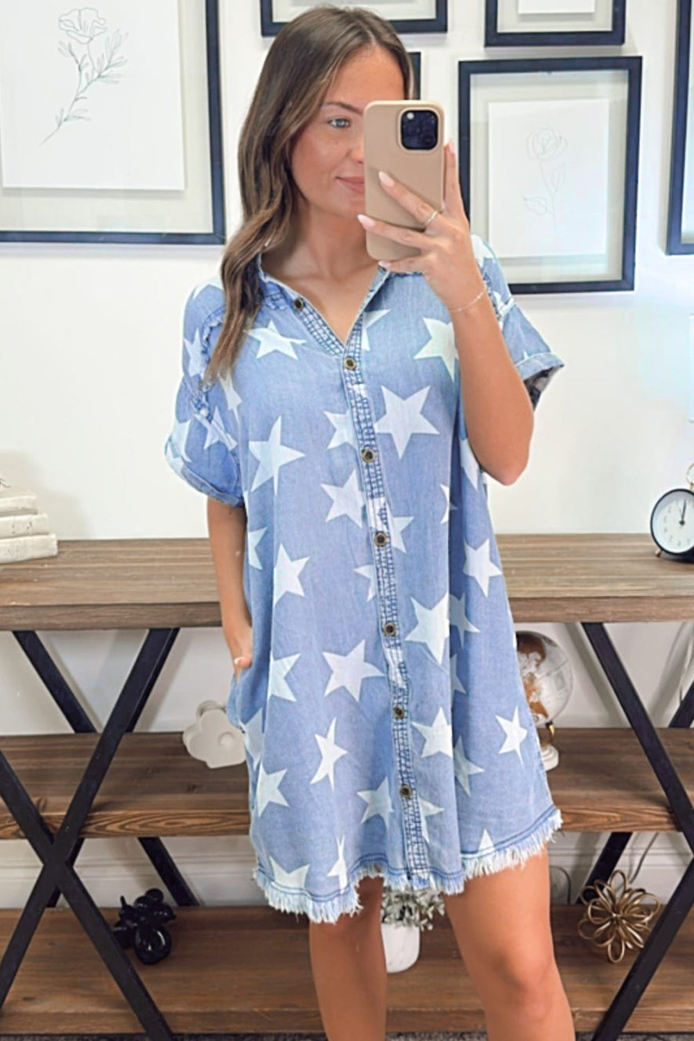 Sky Blue Stars Frayed Hem Collared Short Sleeve Denim Dress Dresses/Mini Dresses Pioneer Kitty Market   