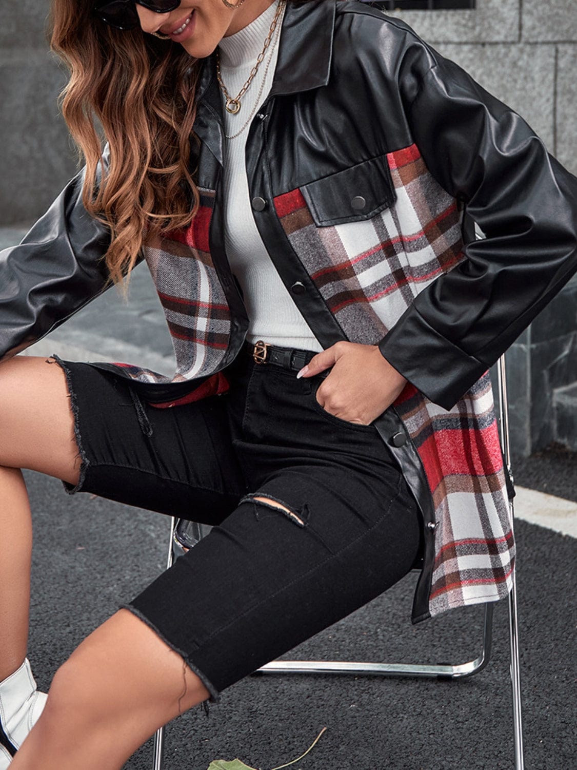 Women's Plaid Pleather Button-Up Dropped Shoulder Jacket Jackets Pioneer Kitty Market   