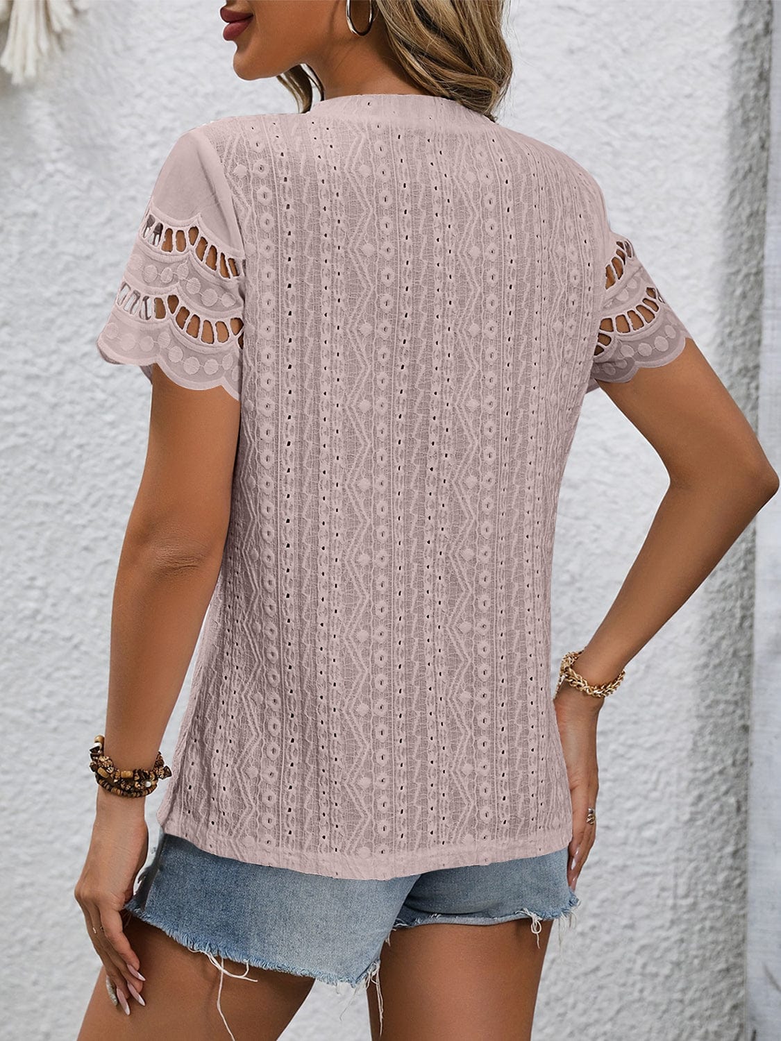 Full Size Eyelet Round Neck Short Sleeve Top Shirts & Tops Pioneer Kitty Market Pink Purple S 