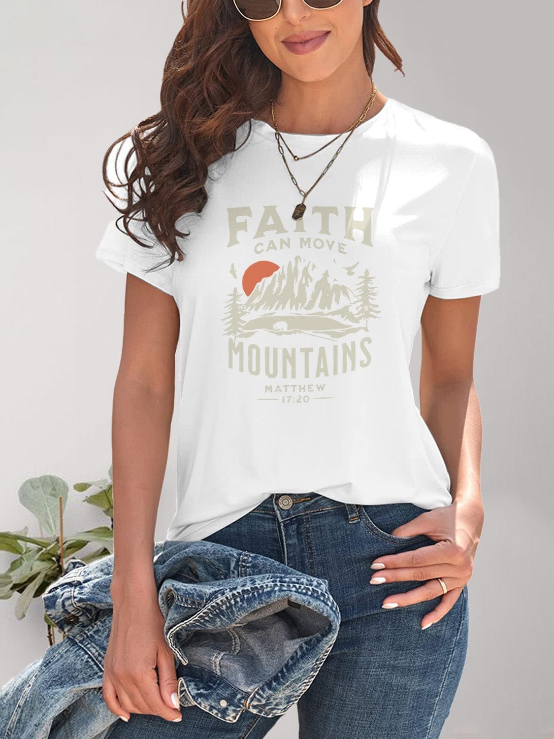 Women's Faith Can Move Mountains Graphic Round Neck Short Sleeve T-Shirt Shirts & Tops Pioneer Kitty Market   