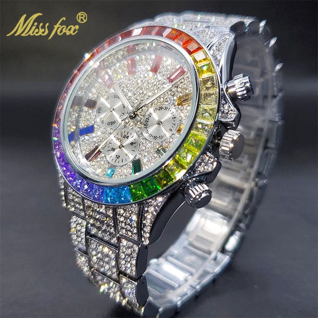 Men's Luxury Gold or Silver Waterproof Stainless Steel Watch Watches  Pioneer Kitty Market V298R-Rainbow Silver  