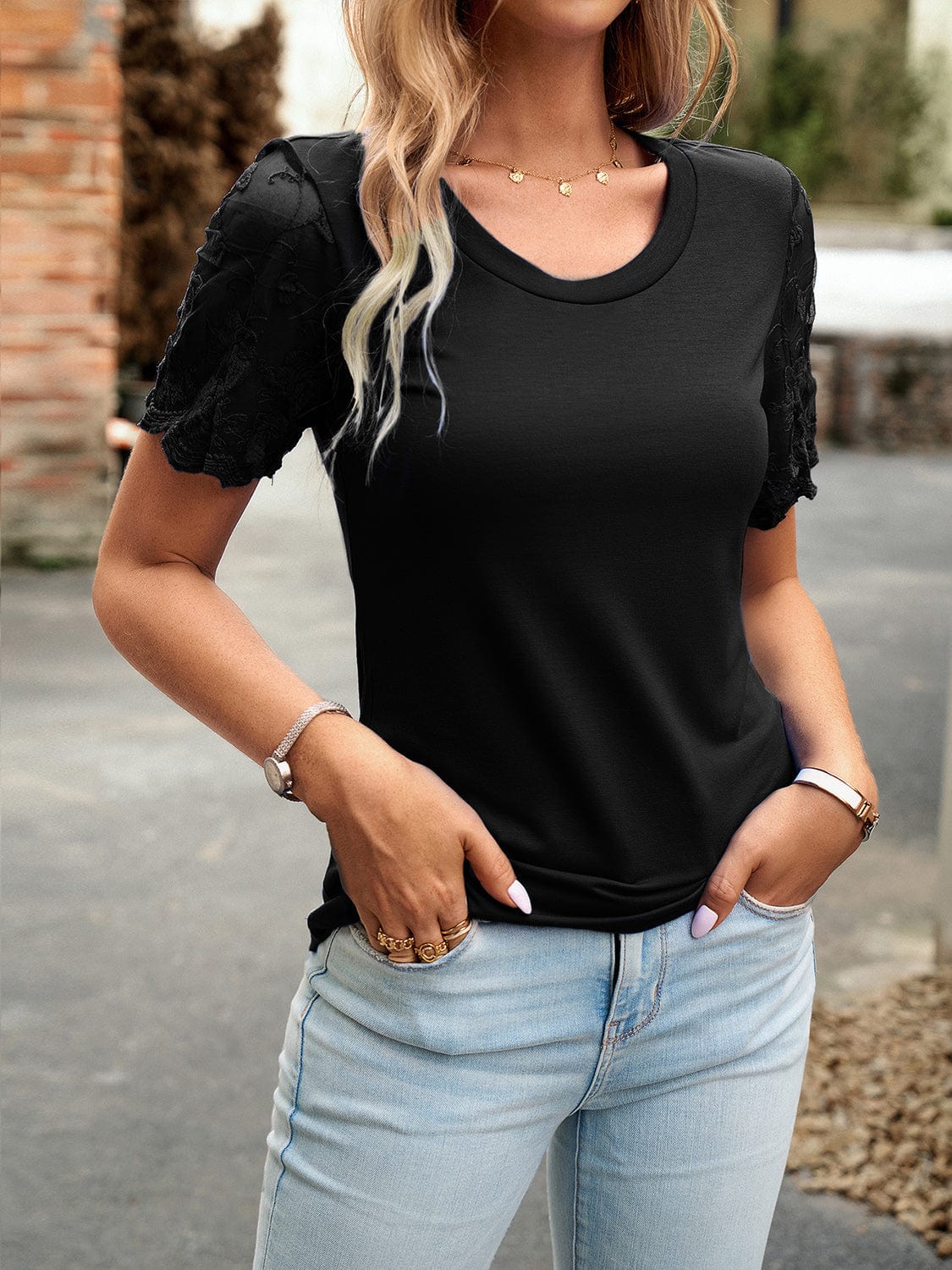 Women's Lace Detail Round Neck Short-Sleeved Shirt Shirts & Tops Pioneer Kitty Market Black S 