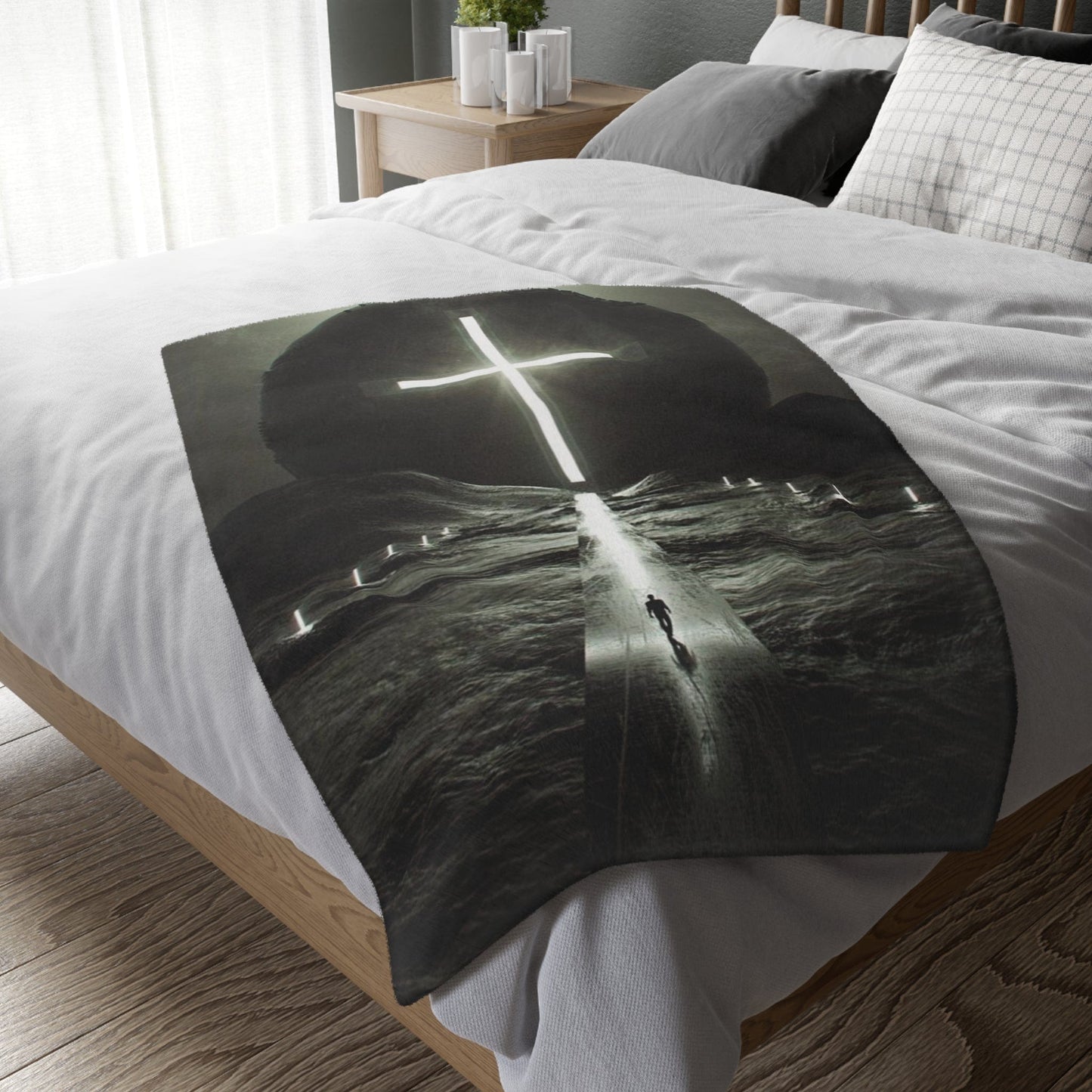 Glowing Christian Cross Reversible Velveteen Minky Blanket Home Decor Printify 40" × 30" (Single/Twin)  