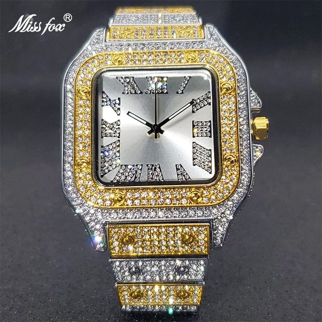 Men's Ice Out Diamond Square Watch by Miss Fox  Pioneer Kitty Market Gold Silver Black  