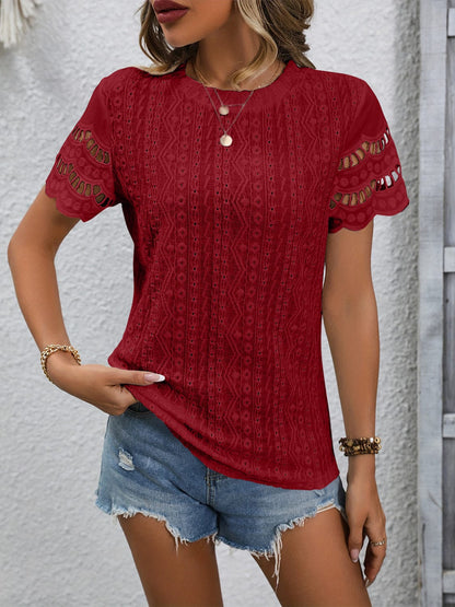 Full Size Eyelet Round Neck Short Sleeve Top Shirts & Tops Pioneer Kitty Market Burgundy S 