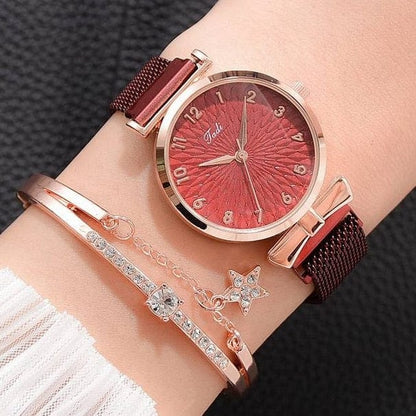 Women's Luxury Magnetic Quartz Bracelet Watch  Pioneer Kitty Market Magnet Red Set  