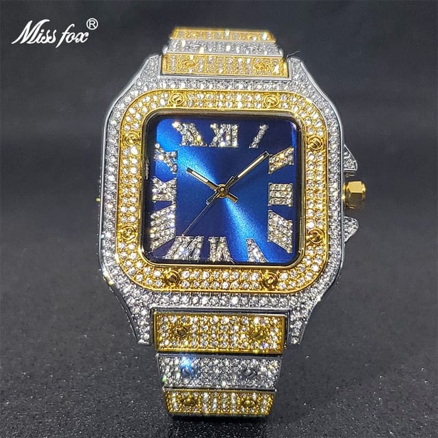 Men's Ice Out Diamond Square Watch by Miss Fox  Pioneer Kitty Market Gold Silver Blue  