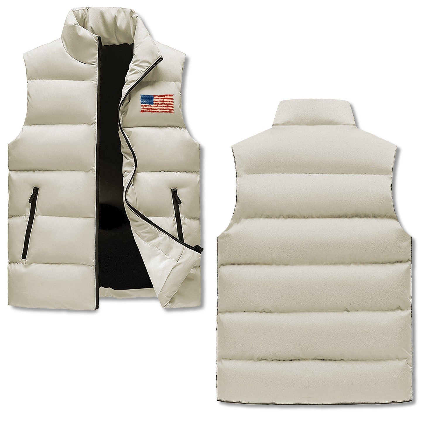 Mens Rugged American Flag Zip Up Puffer Vest men's winter vest POPCustoms Khaki M 