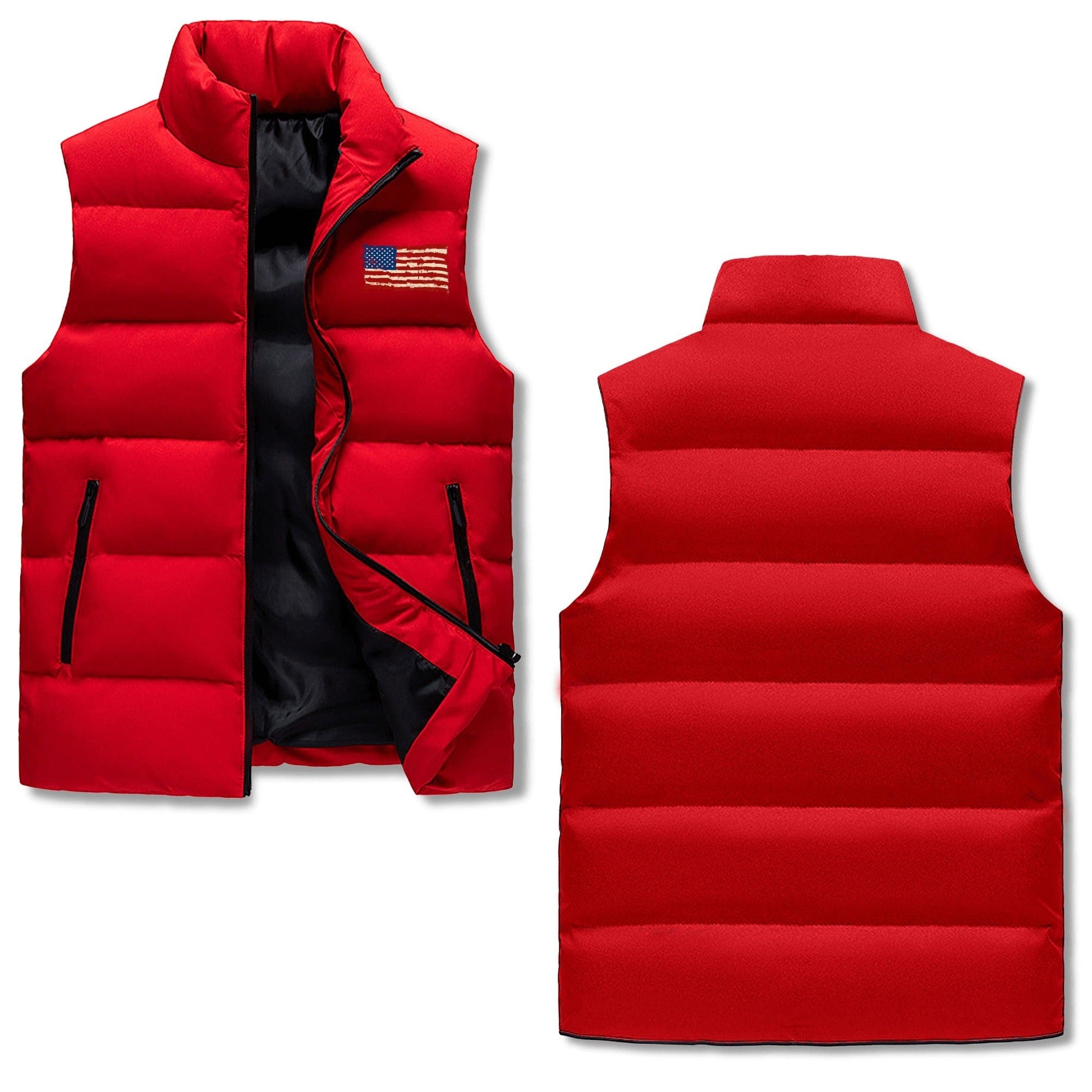 Mens Rugged American Flag Zip Up Puffer Vest men's winter vest POPCustoms Red M 