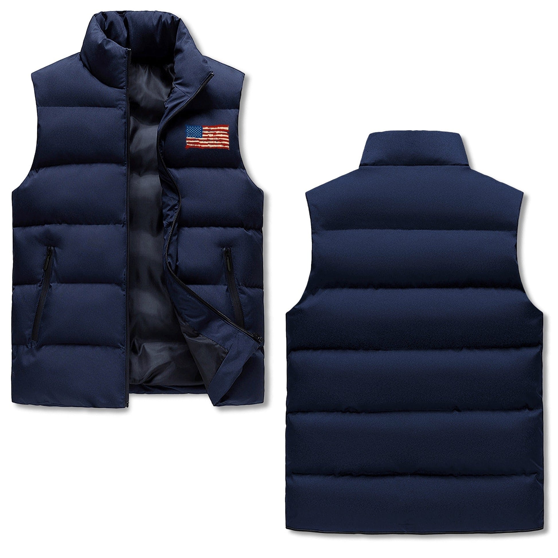 Mens Rugged American Flag Zip Up Puffer Vest men's winter vest Pioneer Kitty Market Royal Blue M 