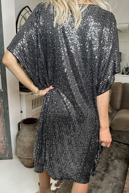 Dark Grey Sequin V Neck Dolman Sleeve Shift Dress Dresses/Sequin Dresses Pioneer Kitty Market   