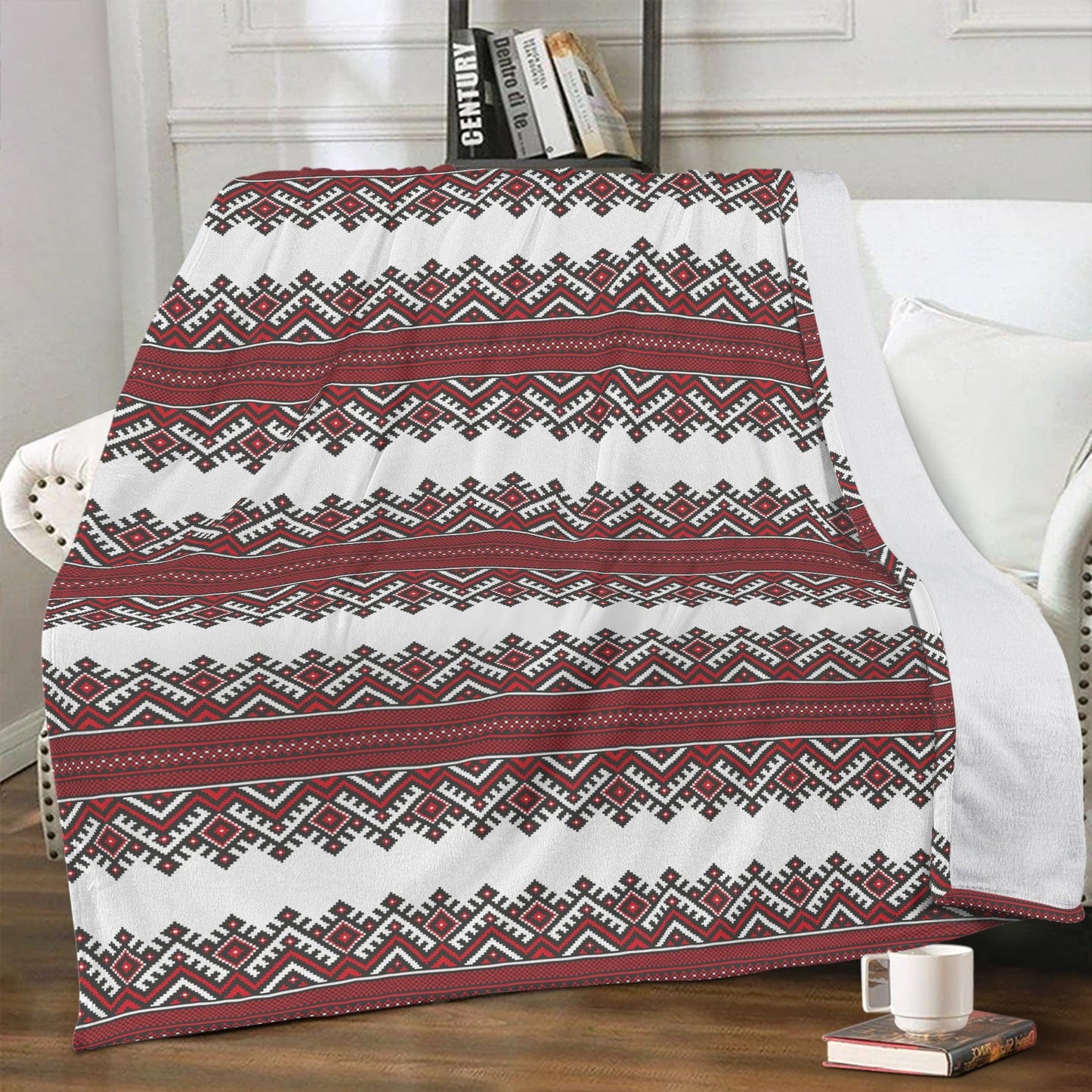 Red and White Ukrainian Folk Art Soft Polyester Premium Fleece Blanket  Pioneer Kitty Market XS (Twin)  
