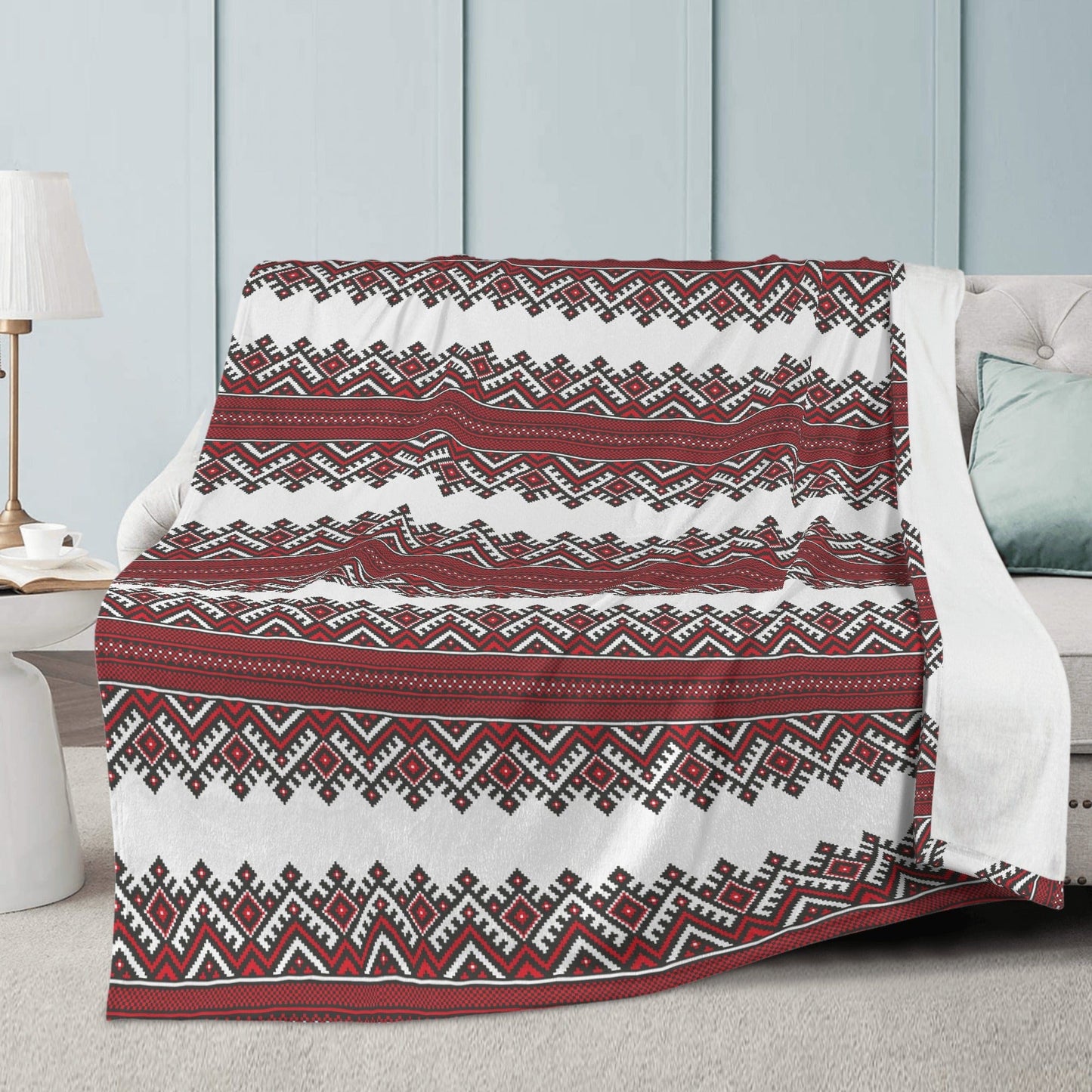 Red and White Ukrainian Folk Art Soft Polyester Premium Fleece Blanket