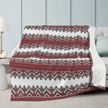 Red and White Ukrainian Folk Art Soft Polyester Premium Fleece Blanket