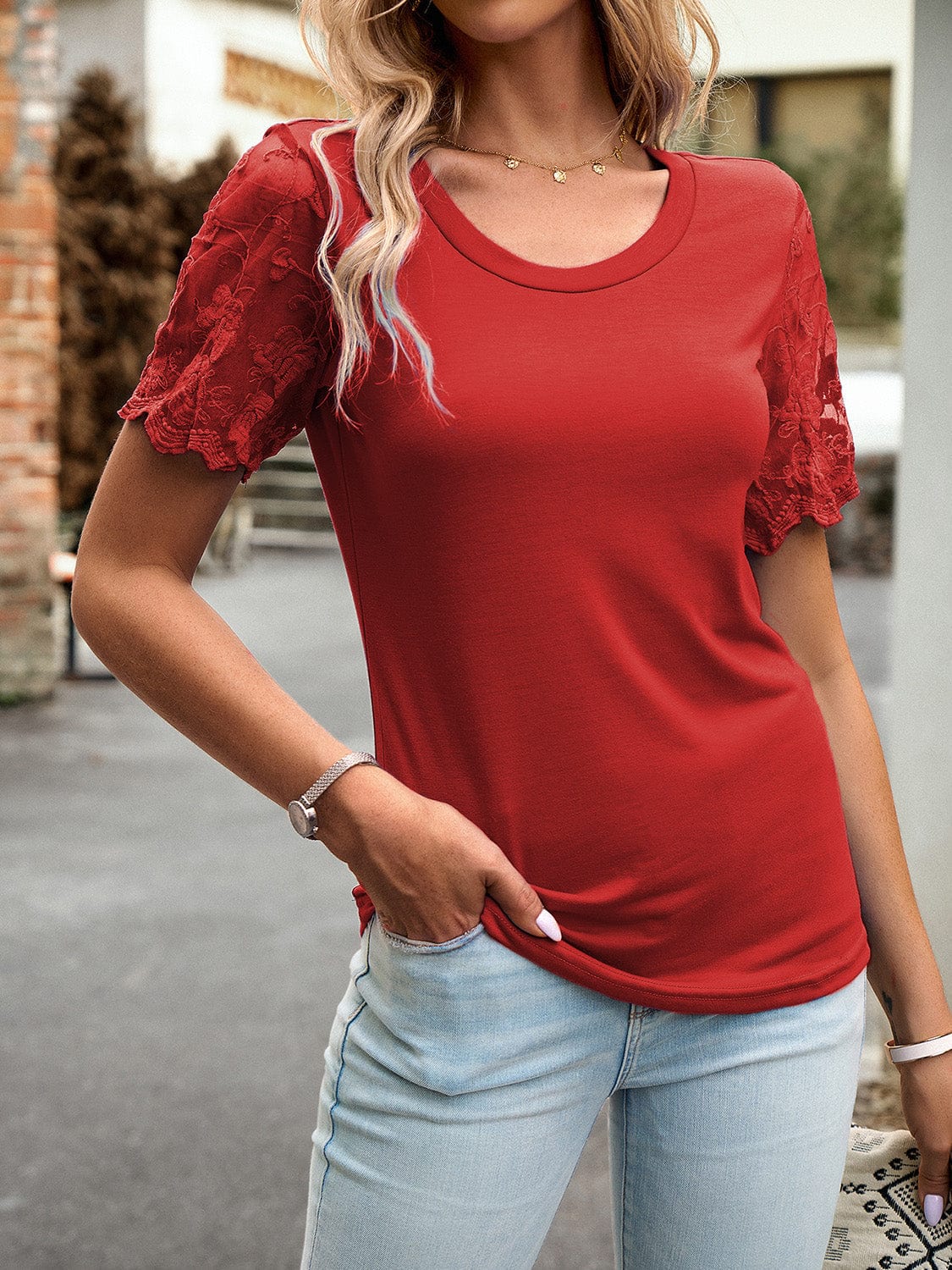 Women's Lace Detail Round Neck Short-Sleeved Shirt Shirts & Tops Pioneer Kitty Market   