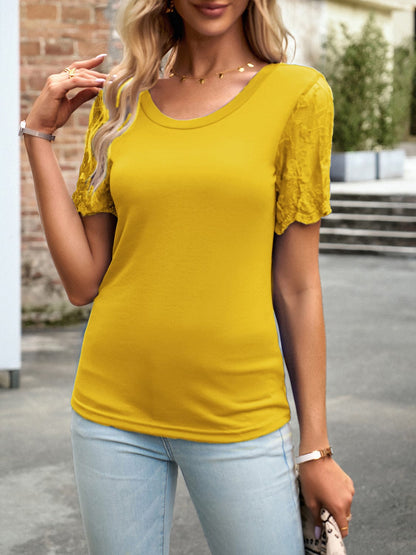 Women's Lace Detail Round Neck Short-Sleeved Shirt Shirts & Tops Pioneer Kitty Market Yellow S 