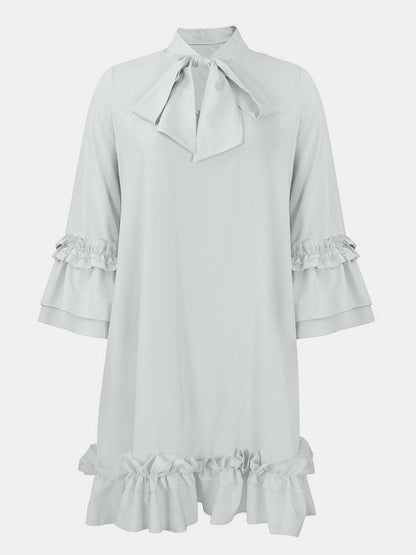 Frill Tie Neck Three-Quarter Sleeve Dress Dress Pioneer Kitty Market White S 