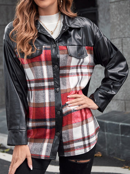 Women's Plaid Pleather Button-Up Dropped Shoulder Jacket Jackets Pioneer Kitty Market Black S 